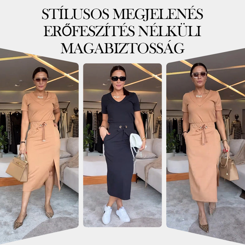 💥Női V-nyakú póló és midi szoknya szett👗