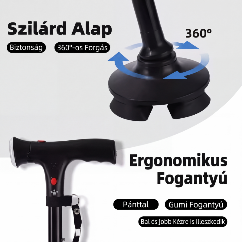 👨🦳 Idősek összecsukható mankója | LED‑es világítással ellátott bot, könnyen hordozható és stabil