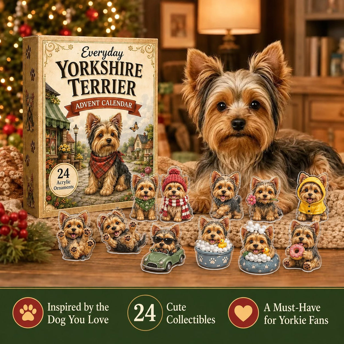 đ„âšYorkshire Terrier 2D Advent Calendar â 24 Unique Yorkie Acrylic Ornaments & Daily Christmas Surprises