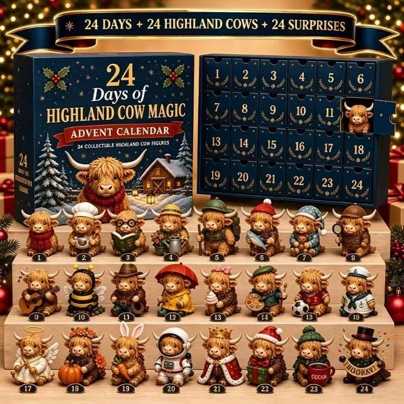 24 dagars jul adventskalender blindask bedårande höglandskor PVC ornament nedräkning presentset