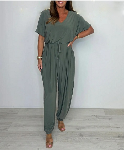 2025-ös pamut jumpsuit V-nyakkal és megkötővel