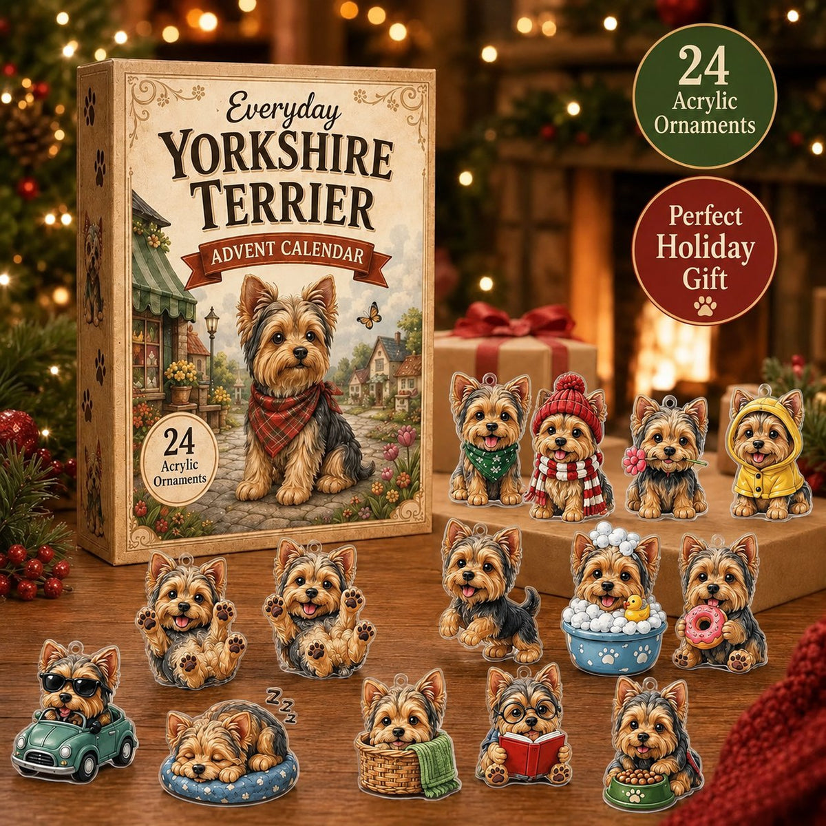đ„âšYorkshire Terrier 2D Advent Calendar â 24 Unique Yorkie Acrylic Ornaments & Daily Christmas Surprises