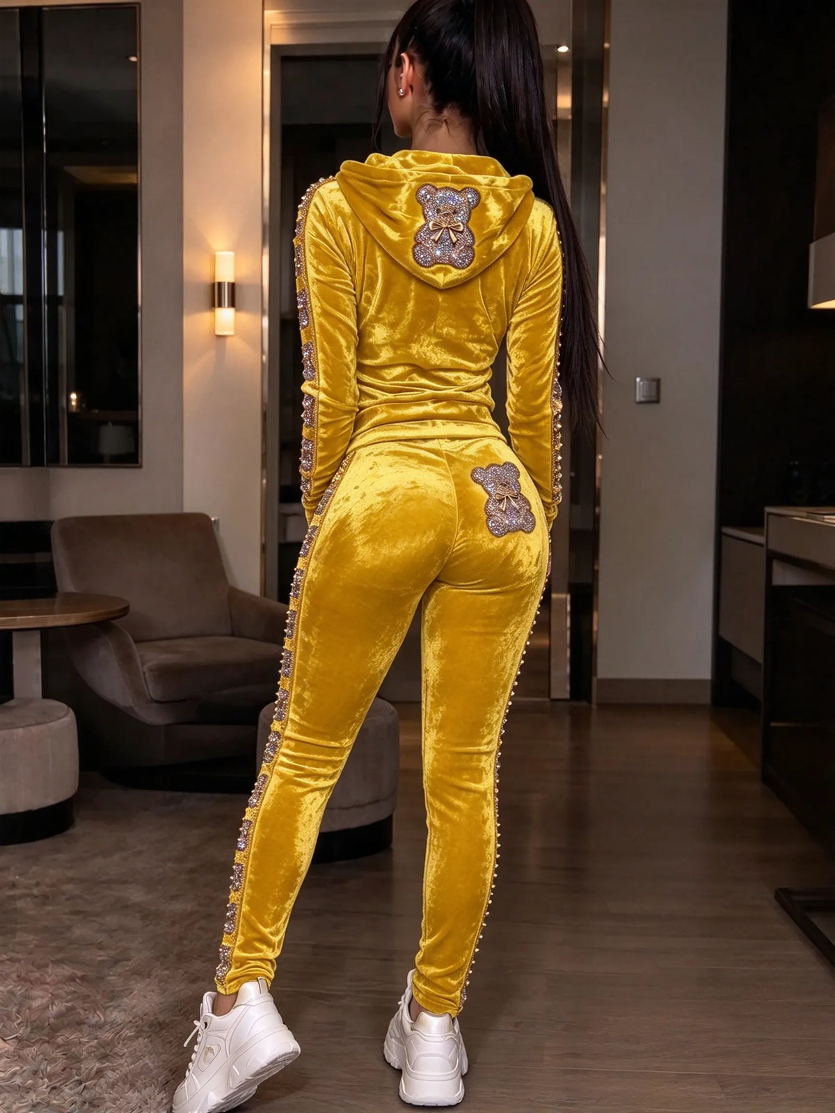 Women's Fashion Rhinestone Teddy Bear Two-Piece Set