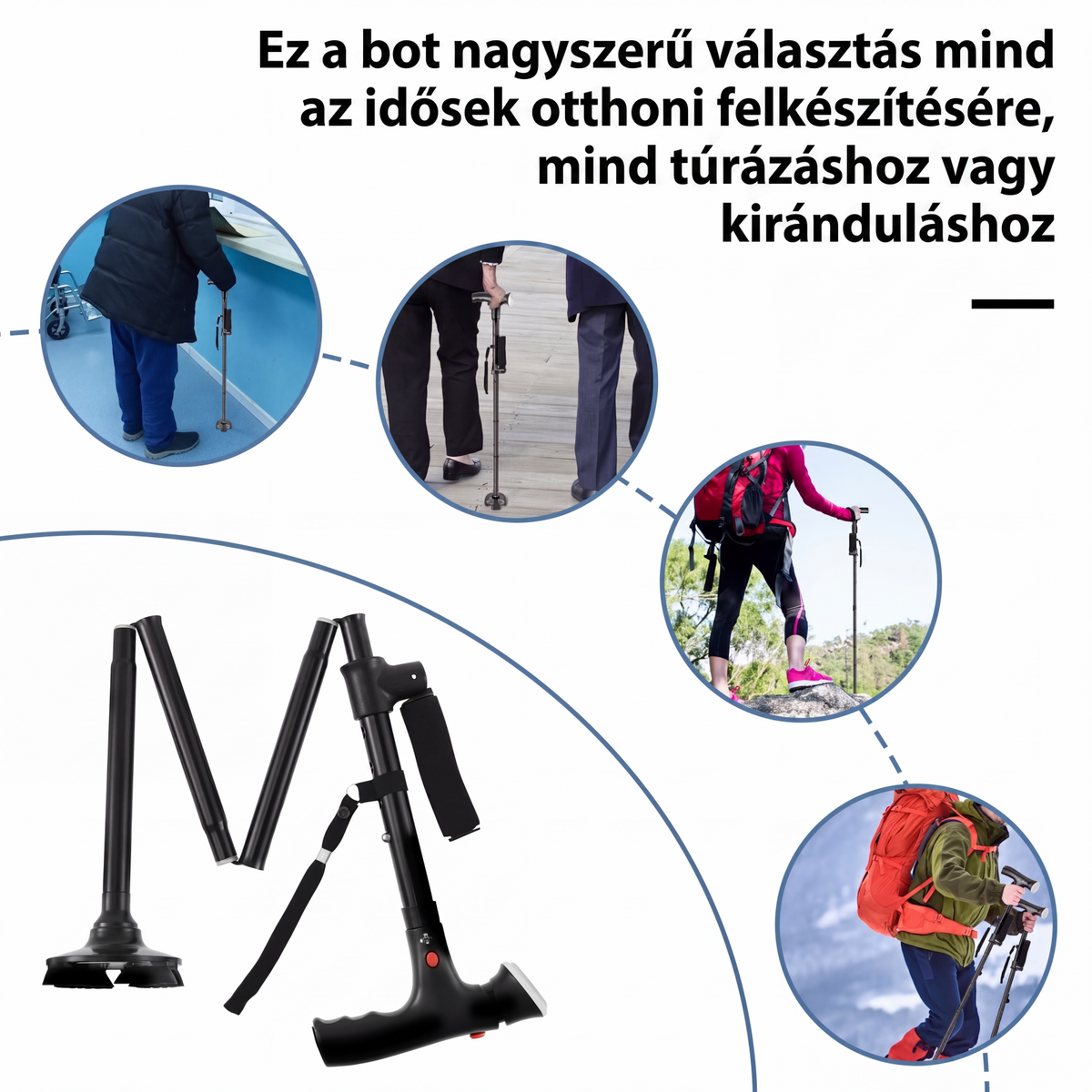 👨🦳 Idősek összecsukható mankója | LED‑es világítással ellátott bot, könnyen hordozható és stabil