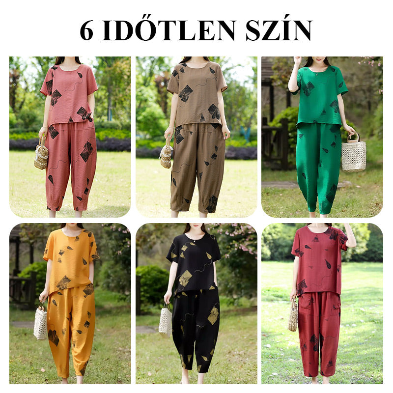 💞 Női Mintás Rövid Ujjú Felső És Széles Szárú Cropped Nadrág Szett