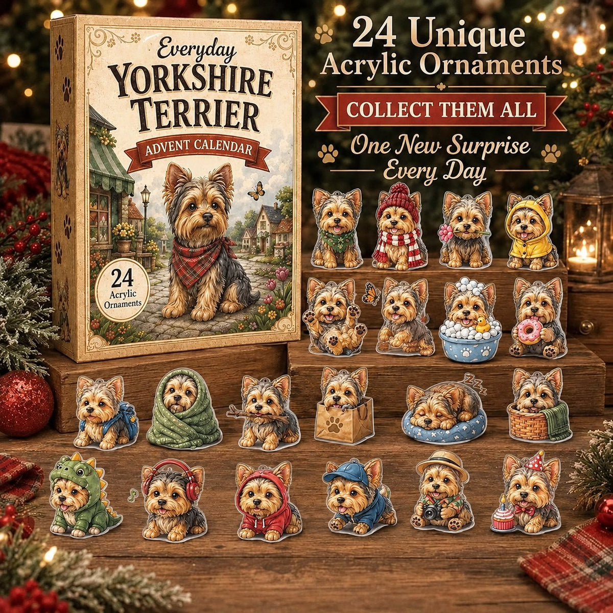 đ„âšYorkshire Terrier 2D Advent Calendar â 24 Unique Yorkie Acrylic Ornaments & Daily Christmas Surprises