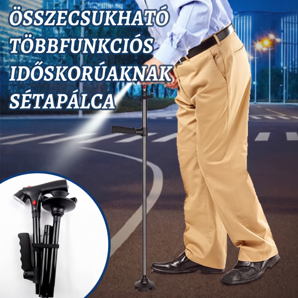 👨🦳 Idősek összecsukható mankója | LED‑es világítással ellátott bot, könnyen hordozható és stabil