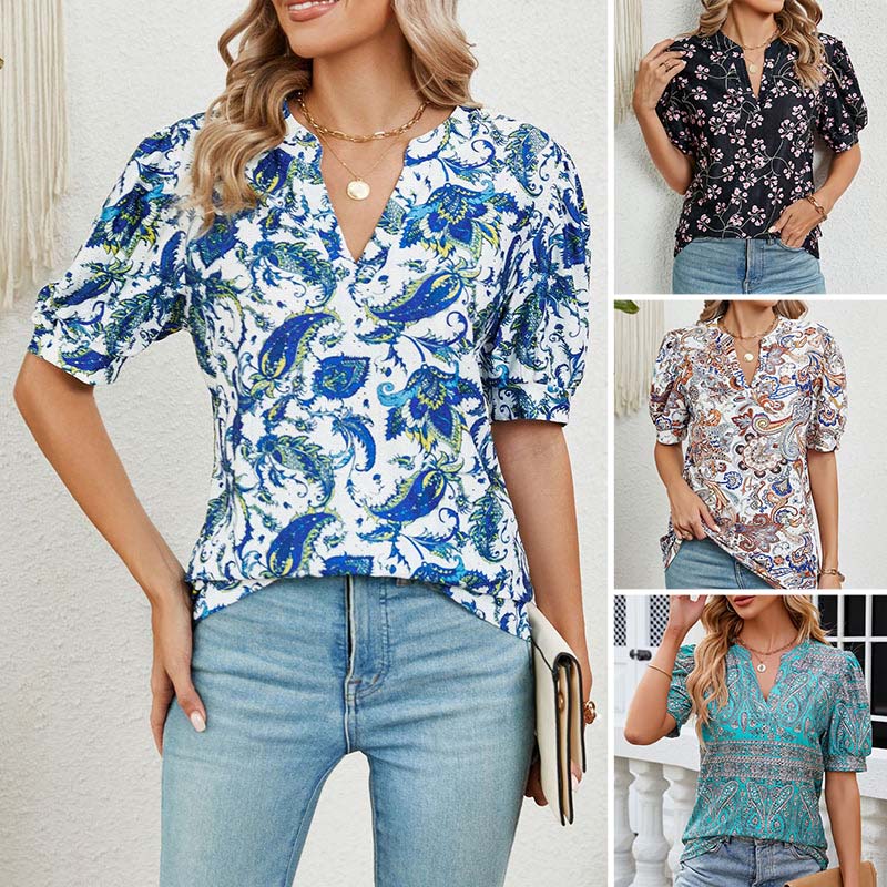 【M-2XL】🌸Női nyári V-nyakú nyomtatott felső