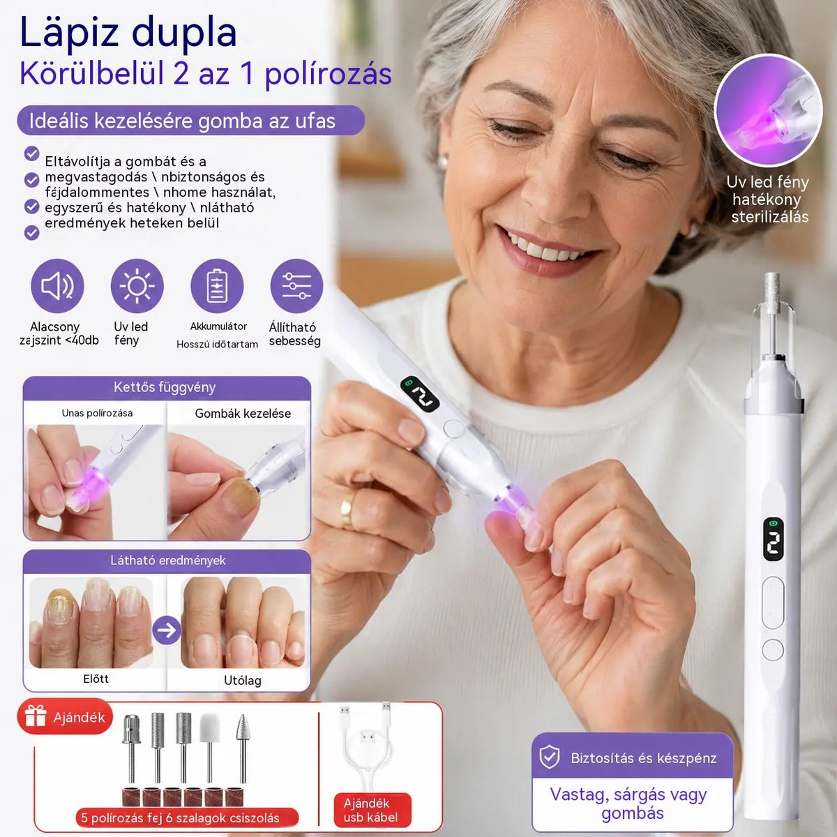 đ
2 az 1-ben elektromos körömreszelĆ LED lĂĄmpĂĄval (szĂĄrĂtĂł lĂĄmpa + 5 polĂrozĂłfej)