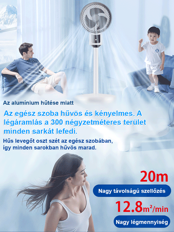 Halk nélküli, energiatakarékos, körkörös forgású álló ventilátor