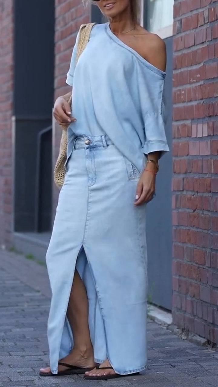 Női lezser kerek nyakú kosztüm Tencel farmerből