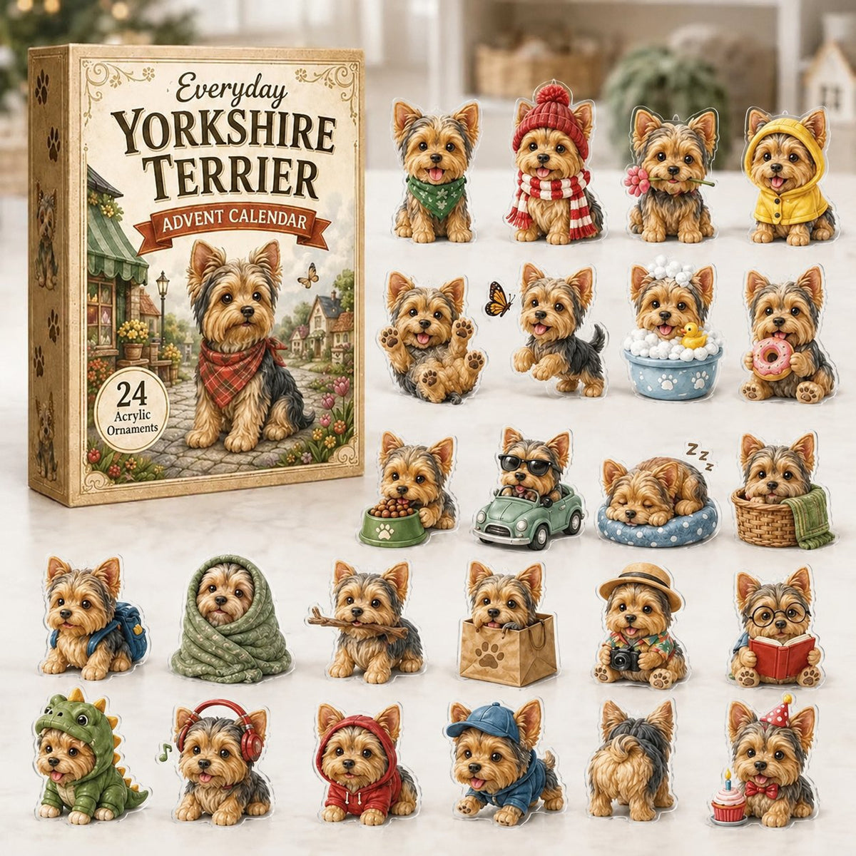 đ„âšYorkshire Terrier 2D Advent Calendar â 24 Unique Yorkie Acrylic Ornaments & Daily Christmas Surprises