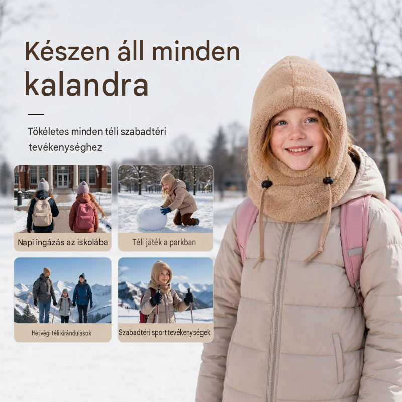 Kényelmes téli sapka gyerekeknek, minden egyben