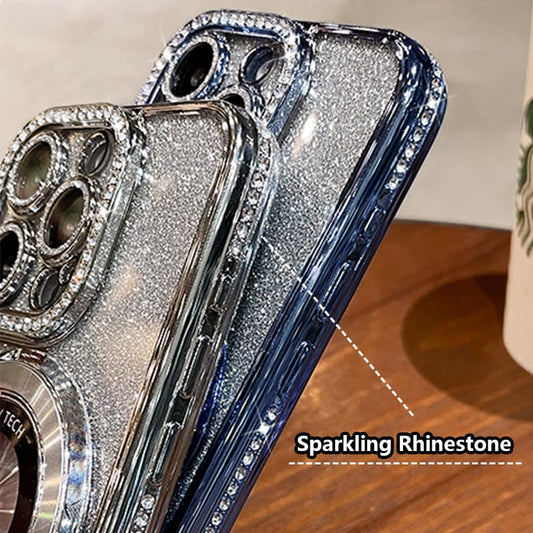 Mágneses iPhone tok csillámos strasszokkal és láthatatlan állvánnyal