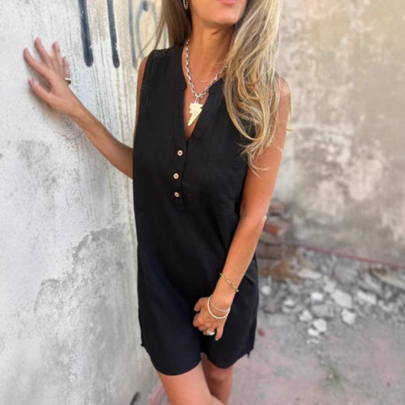 đ„EgyszĂnƱ ruha mĂ©ly V-kivĂĄgĂĄssal, pamutbĂłl Ă©s lenbĆl
