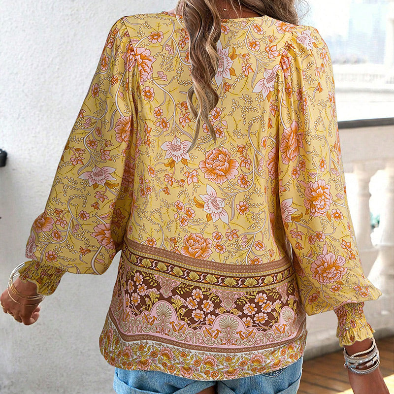 【S-2XL】🌺Női divatos, hosszú ujjú, nyomtatott V-nyakú ing