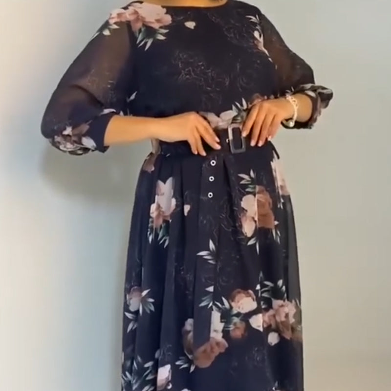 【S-4XL】🌺 Virágmintás, kerek nyakú ruha övvel