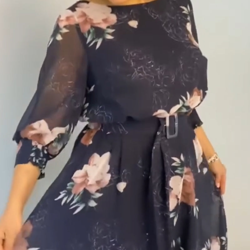 【S-4XL】🌺 Virágmintás, kerek nyakú ruha övvel