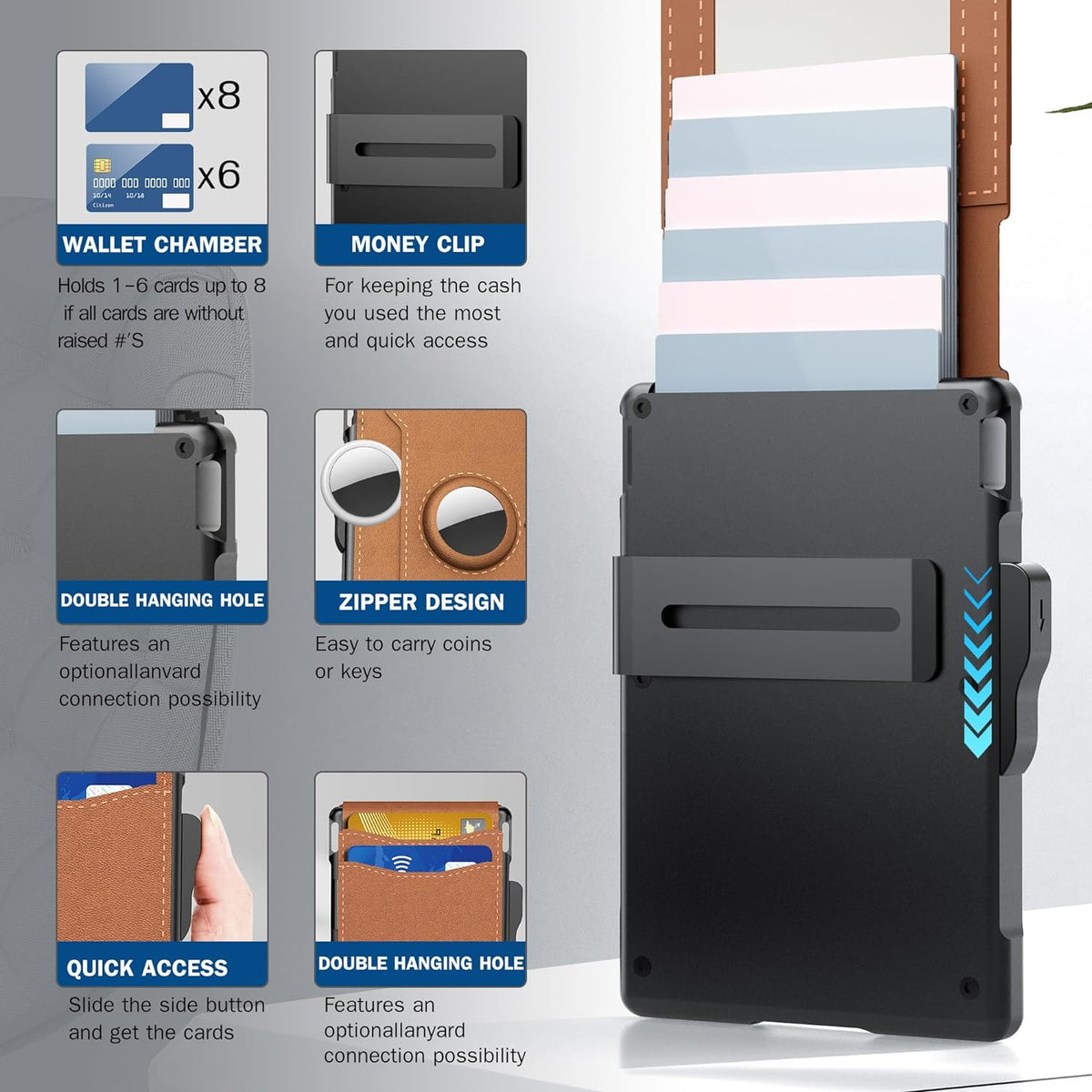 🎁AirTag pénztárca férfiaknak – felnyíló alumínium tok, pénzcsipesz, vékony bőrrekeszek, hitelkártyatartó, RFID-blokkoló, minimalista, kétrét hajtogatható pénztárca