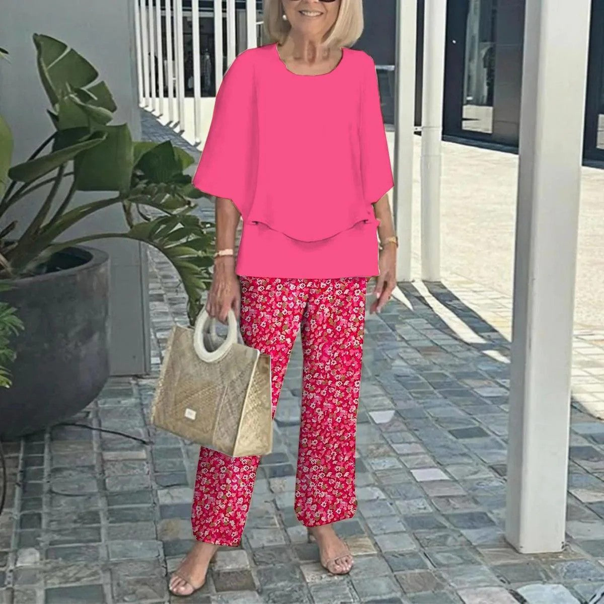 🌸Női lezser kerek nyakú, rövid ujjú, mintás nadrág szett