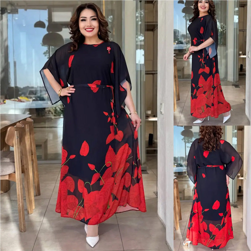 👗 Lengzős, kerek nyakú, öves ruha 🌸 | Virágminta | Állítható sziluett