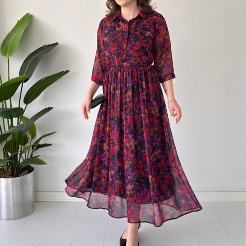 🌺 Női elegáns, mintás, laza maxi ruha