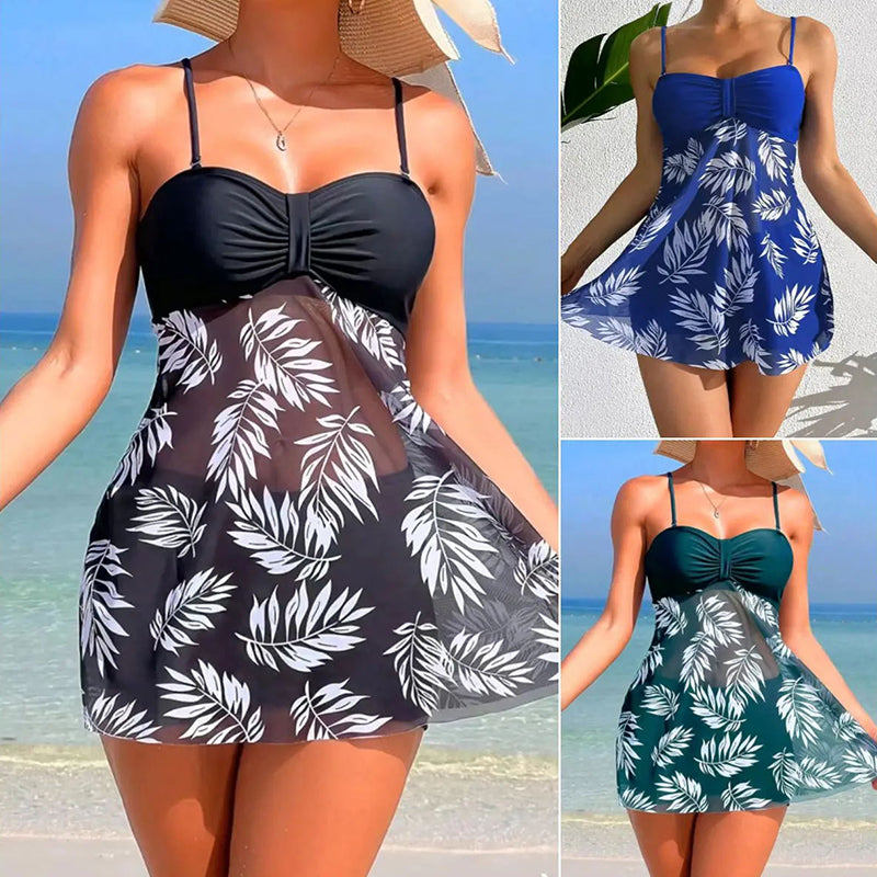 🌴👙Női kétrészes mintás fürdőruha pántos rövidnadrággal
