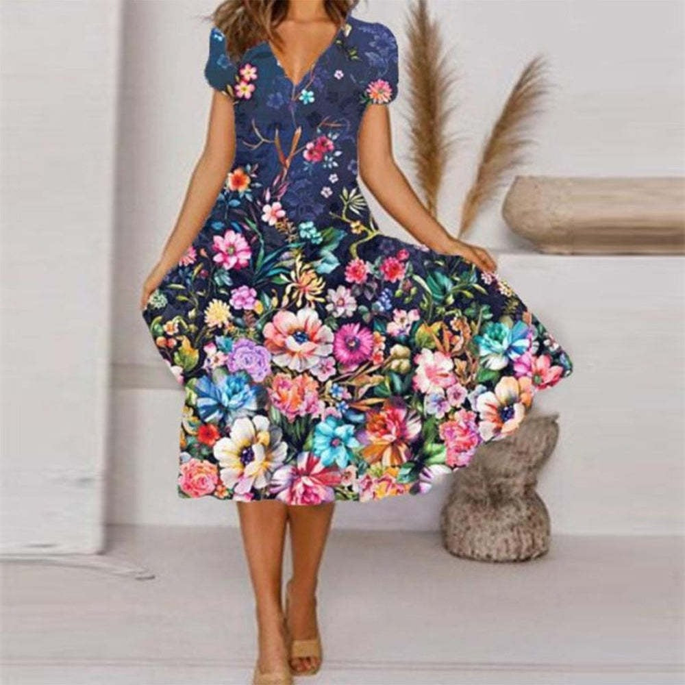 【S-4XL】🌺Női Flowy V-nyakú nyomtatott ruha