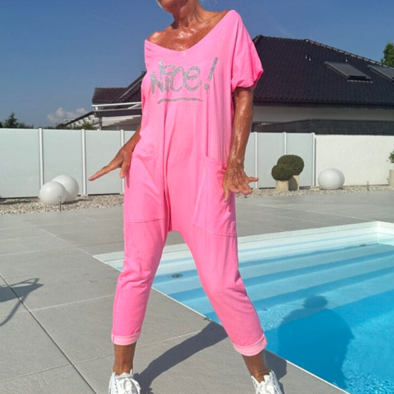 💖【S~5XL】Zsebes női nyomtatott betűs, plus size lezser overál