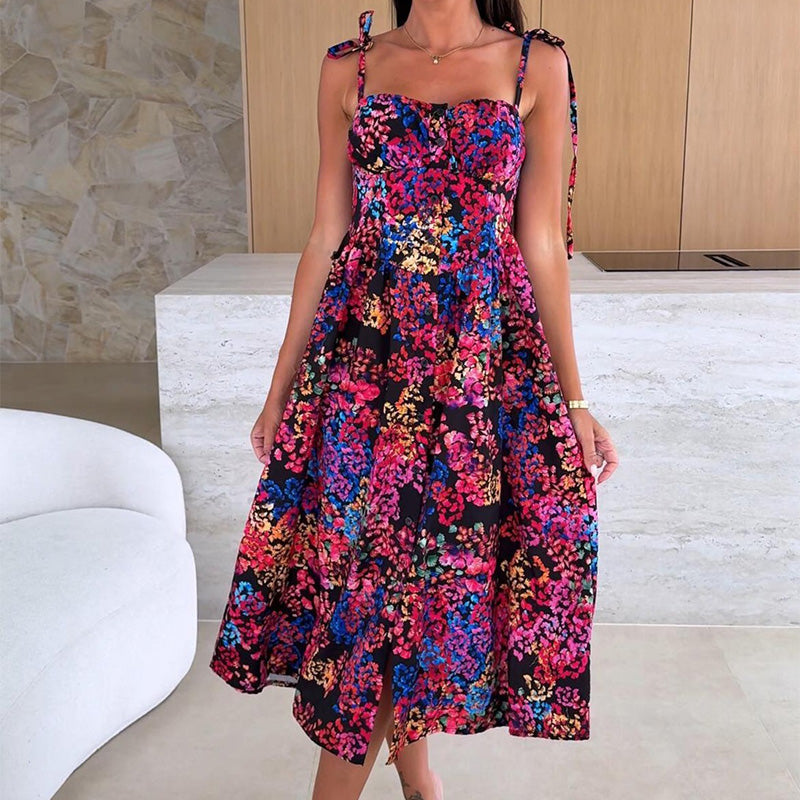 👗Elegáns női ruha vékony pántokkal és virágmintával