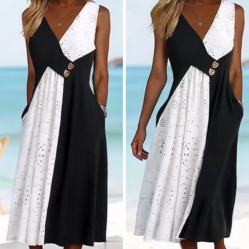 👗 Elegáns női ruha szív alakú nyakkivágással és modern patchworkkel