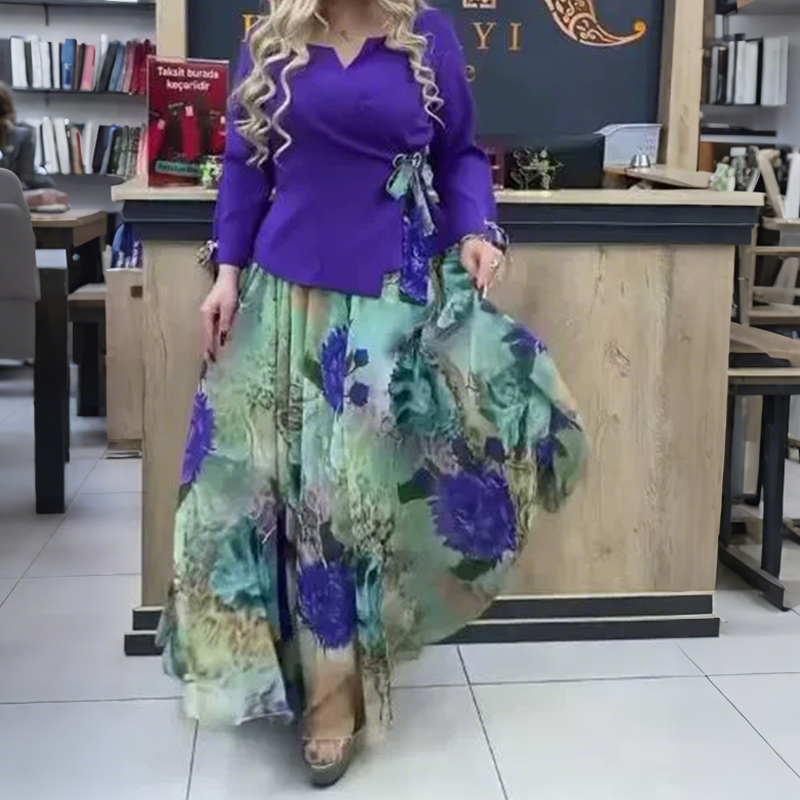 💜Elegáns felső és szoknya virágmotívumokkal, kétrészes szett