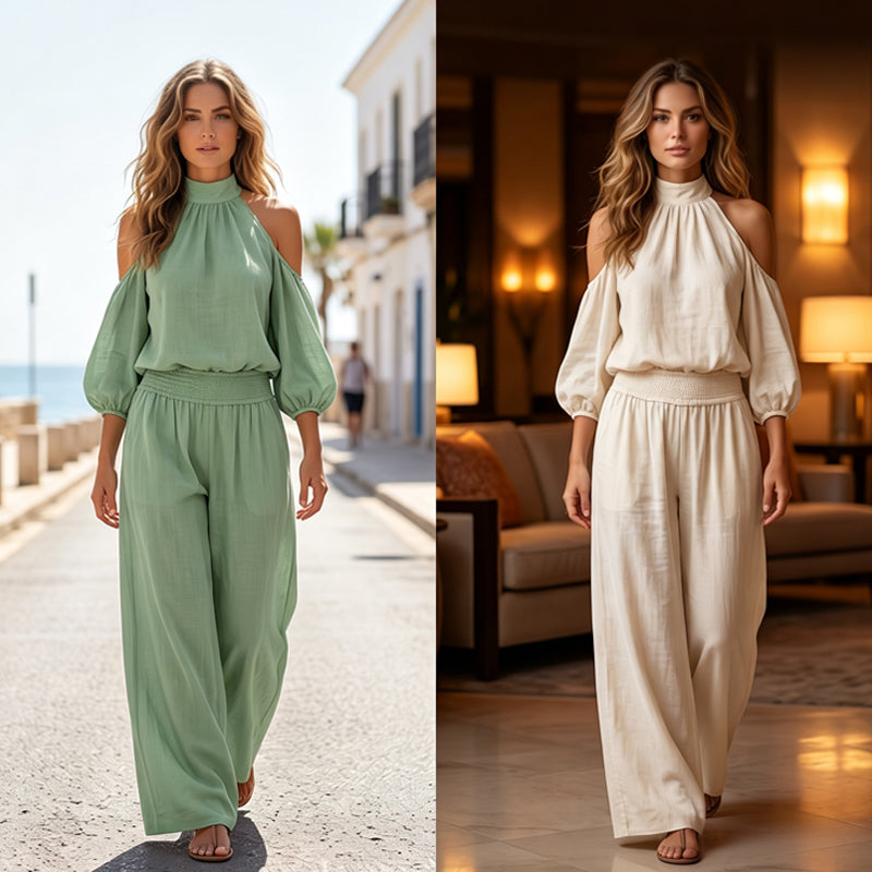 đž NĆi vĂĄllkivĂĄgĂĄsos, nyakba akaszthatĂł felsĆ Ă©s szĂ©les szĂĄrĂș nadrĂĄg szett â Boho elegancia & lenvĂĄszon-szerƱ lĂ©gĂĄteresztĆ kĂ©pessĂ©g âš