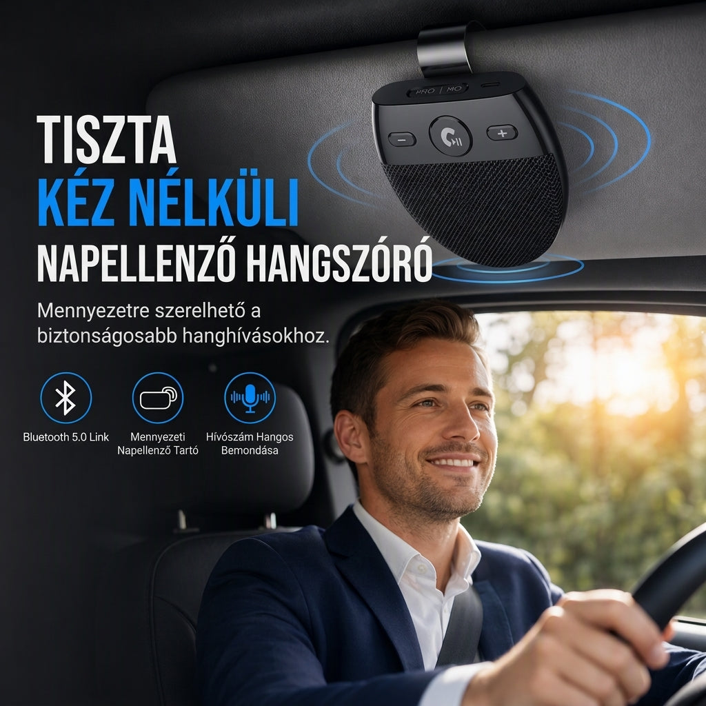 🚗 SP11 autó napellenző Bluetooth kihangosító, rezgésérzékelős automatikus bekapcsolás, A2DP támogatás és hívóazonosító hangos értesítés