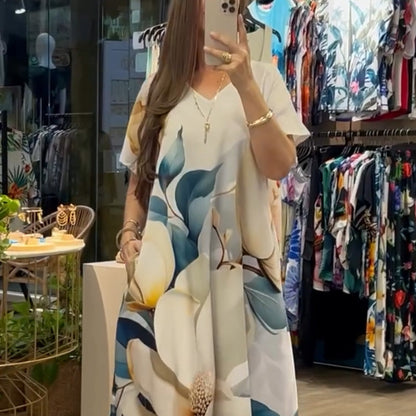 👗 Női hosszú ruha nyomtatott mintával és V-nyakkivágással