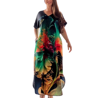 👗 Női hosszú ruha nyomtatott mintával és V-nyakkivágással