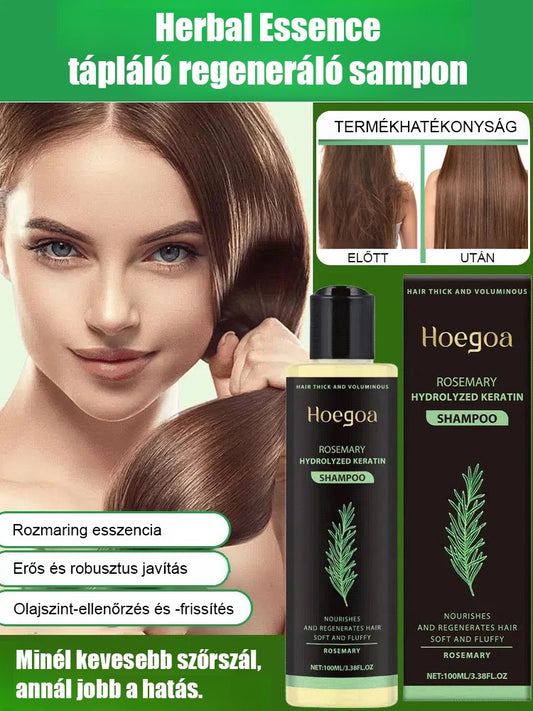Minél kevesebb a haj, annál jobb a hatás: gyógynövényes esszenciával tápláló és helyreállító sampon.