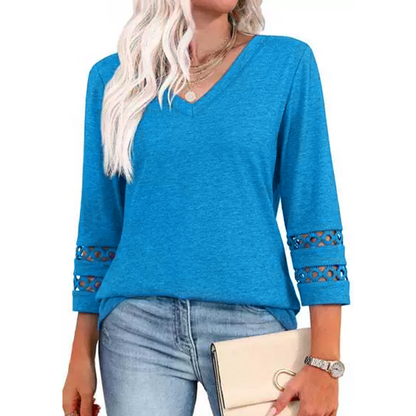 🌺[S-3XL]👚✨ Klasszikus Egyszínű V-nyakú Felső 3/4-es Ujjakkal