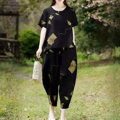 💞 Női Mintás Rövid Ujjú Felső És Széles Szárú Cropped Nadrág Szett