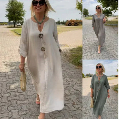 🎁👗Pamut és lenvászon V-nyakú ruha