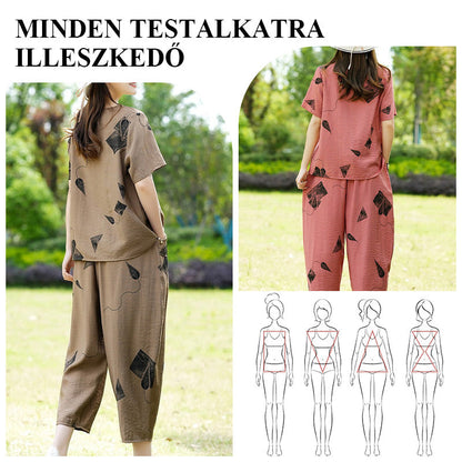 💞 Női Mintás Rövid Ujjú Felső És Széles Szárú Cropped Nadrág Szett