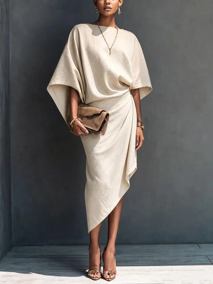 Női modern minimalista khaki színű lenkeverék drapéria aszimmetrikus rövid ujjú midi ruha