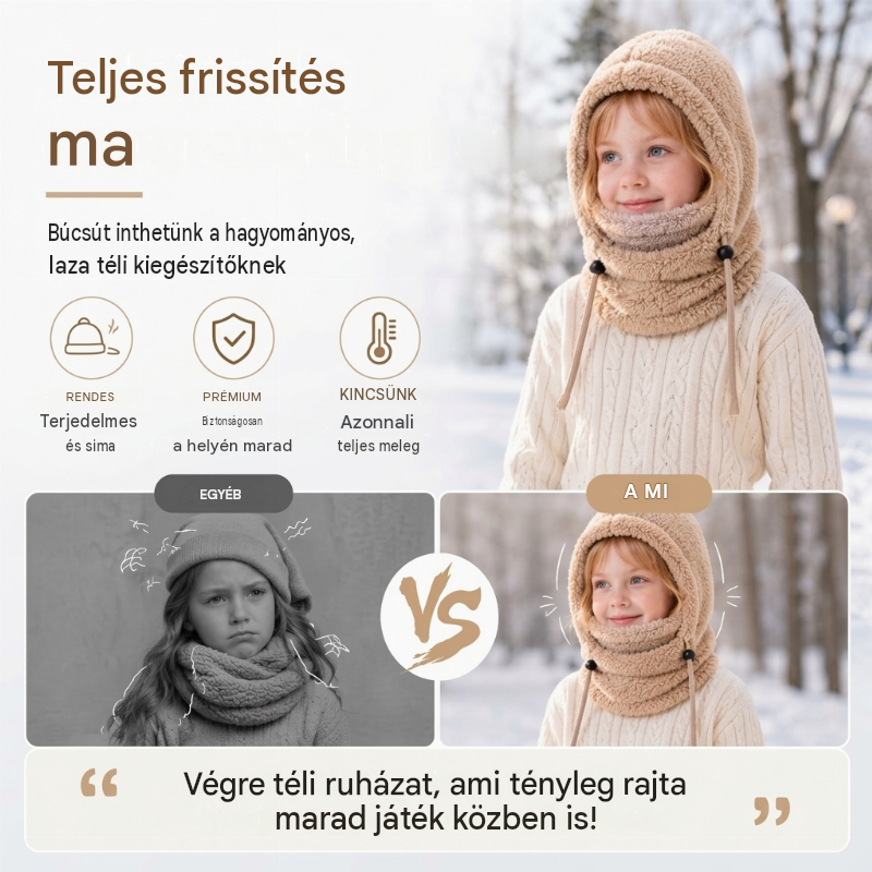 Kényelmes téli sapka gyerekeknek, minden egyben