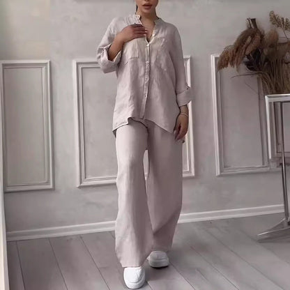 🌸Pamutból és lenből készült kétrészes női öltöny. Ingek és nadrágok gombos zárással.
