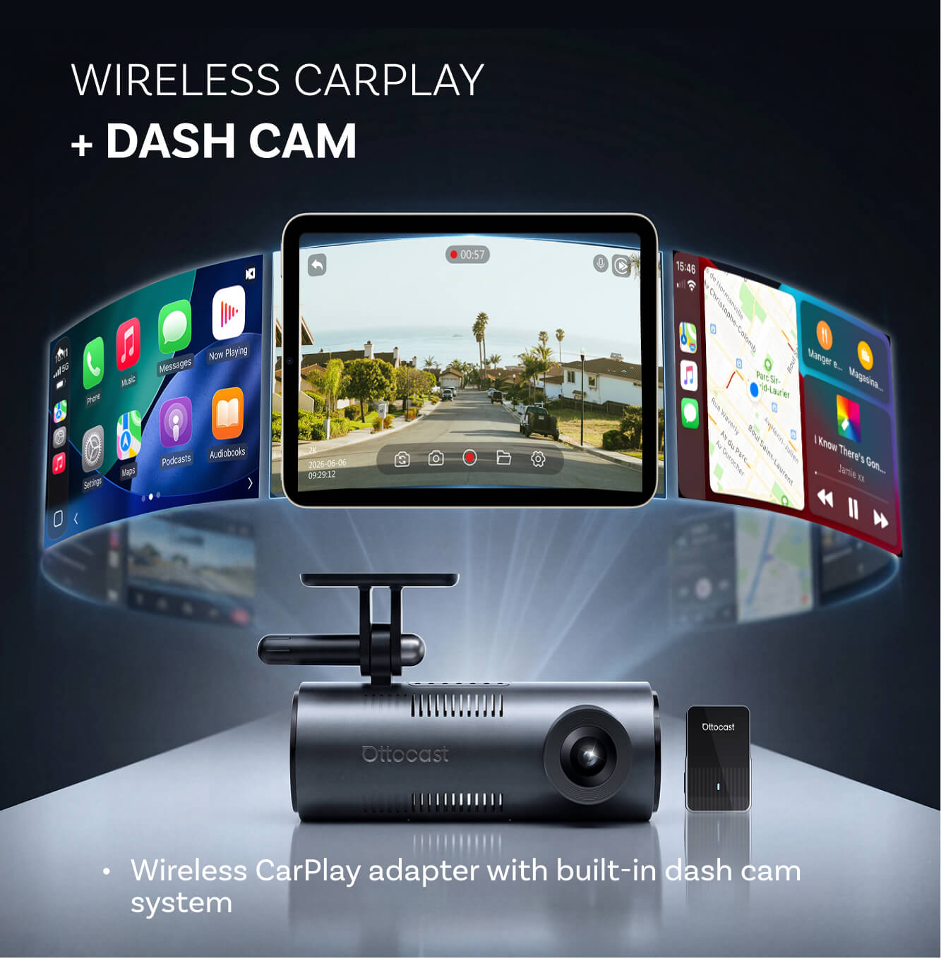 OttoSafe Cam 3 az 1-ben dupla autós kamera és vezeték nélküli CarPlay adapter
