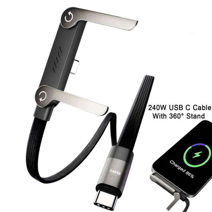 📱 240 W-os fonott gyorstöltő kábel beépített telefontartóval - Új 2026-os összecsukható, tartós USB-C Type-C kábel (2 db-os csomag)