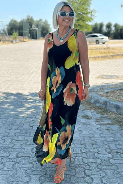 Virágmintás selyem sifon maxi ruha U-nyakkivágással