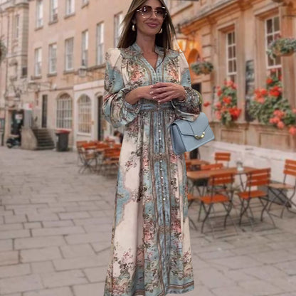 Elegáns ruha V-nyakkal, magas derekú, virágmintás és gombos mintával