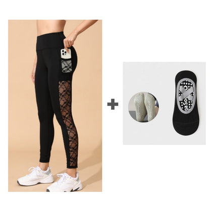 Női Magas Derekú Hálós Jóga Leggings Zsebekkel