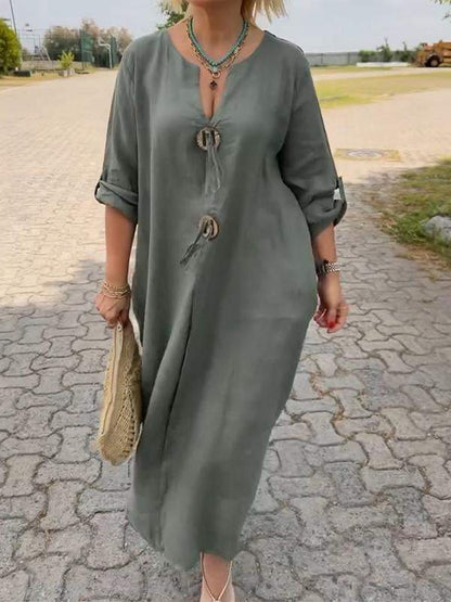 🎁👗Pamut és lenvászon V-nyakú ruha